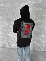 Erkek Kapüşonlu Kanguru Cepli Sweatshirt 3 İplik Pamuklu Baskılı Hoodie - Siyah