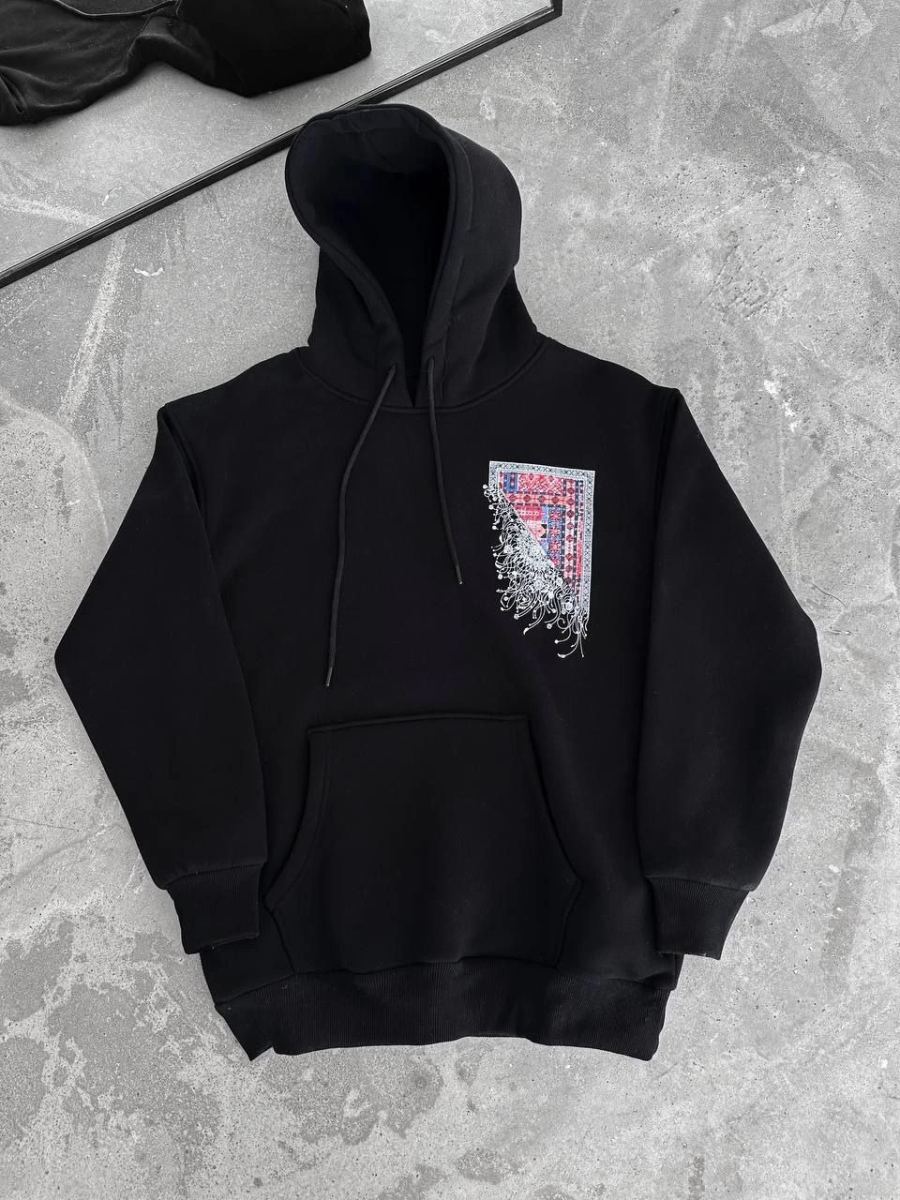 Erkek Kapüşonlu Kanguru Cepli Sweatshirt 3 İplik Pamuklu Baskılı Hoodie - Siyah