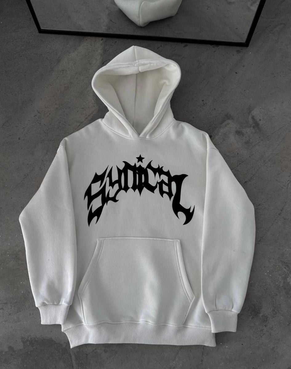 Erkek Kapüşonlu Kanguru Cepli Sweatshirt 3 İplik Pamuklu Baskılı Hoodie - Beyaz
