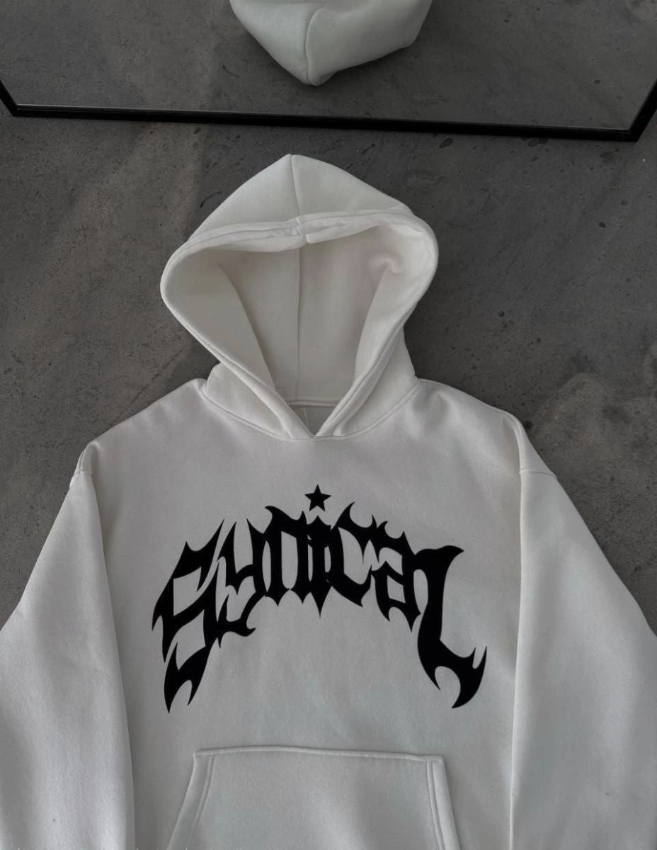 Erkek Kapüşonlu Kanguru Cepli Sweatshirt 3 İplik Pamuklu Baskılı Hoodie - Beyaz