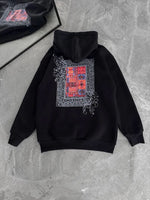 Kadın Kapüşonlu Kanguru Cepli Sweatshirt 3 İplik Pamuklu Baskılı Hoodie - Siyah
