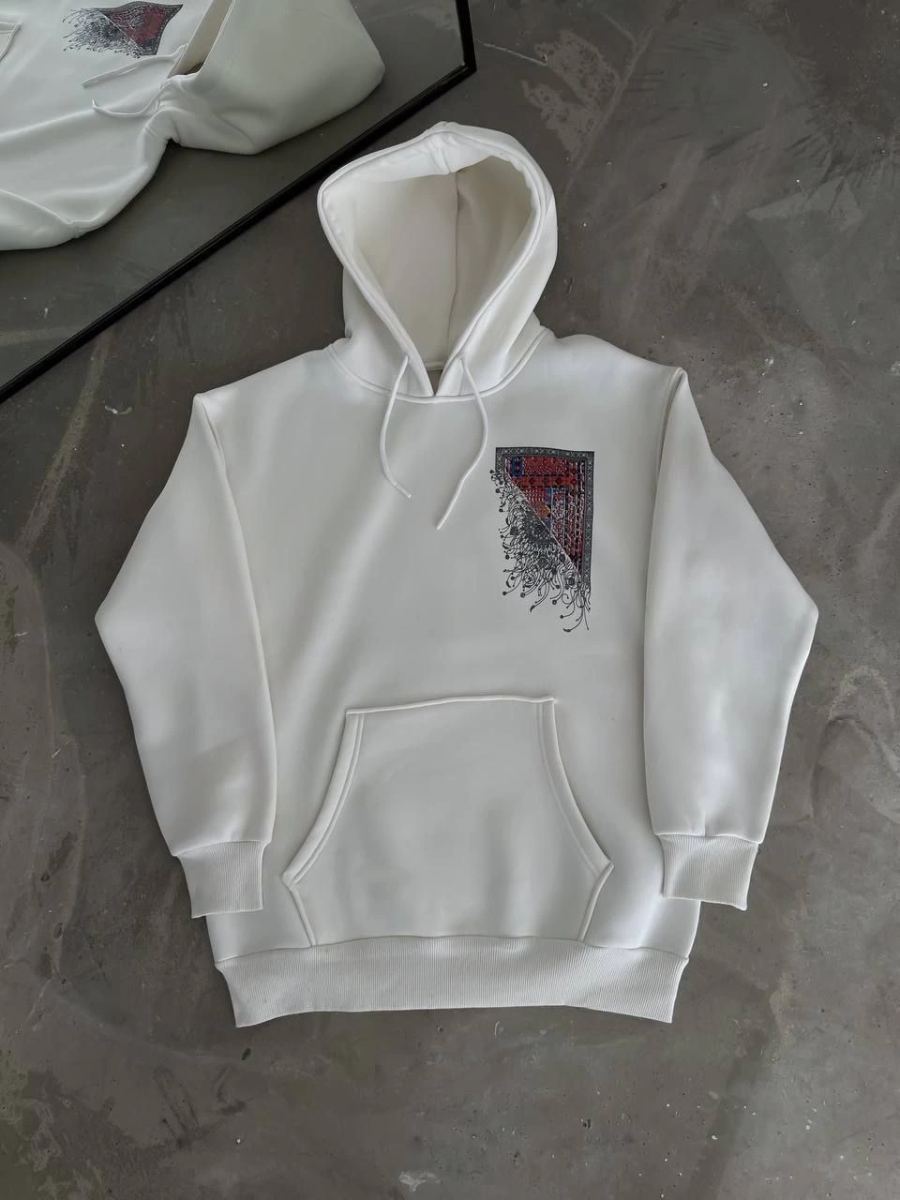 Kadın Kapüşonlu Kanguru Cepli Sweatshirt 3 İplik Pamuklu Baskılı Hoodie - Beyaz