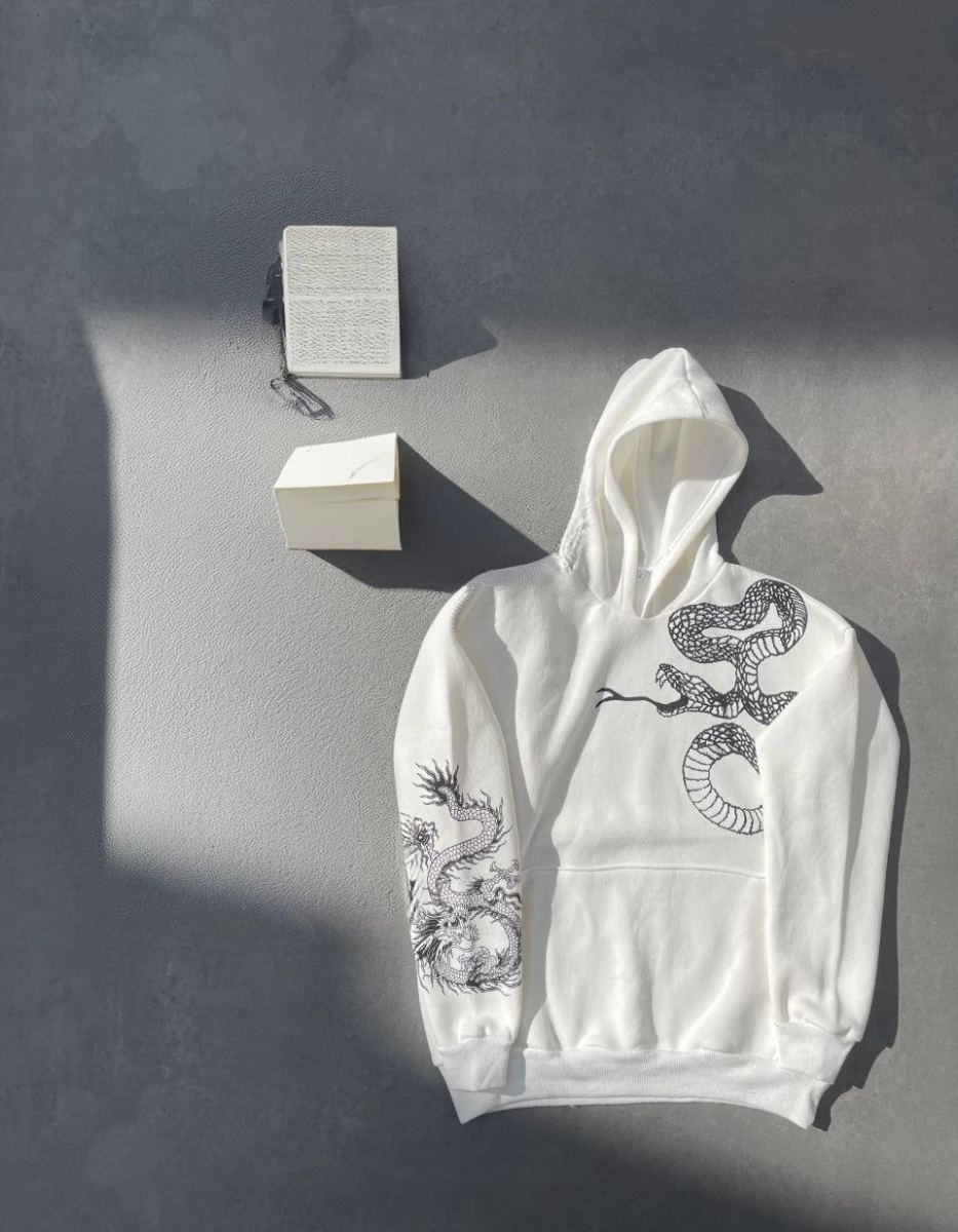 Kadın Oversize Kapüşonlu Kanguru Cepli Baskılı 3 İplik Pamuklu Sweatshirt Hoodie -   Beyaz