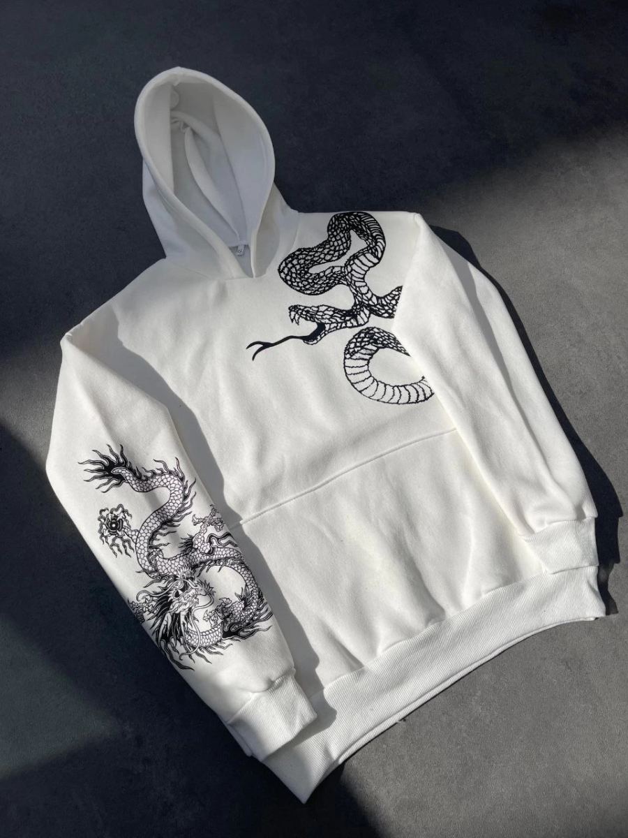 Kadın Oversize Kapüşonlu Kanguru Cepli Baskılı 3 İplik Pamuklu Sweatshirt Hoodie -   Beyaz