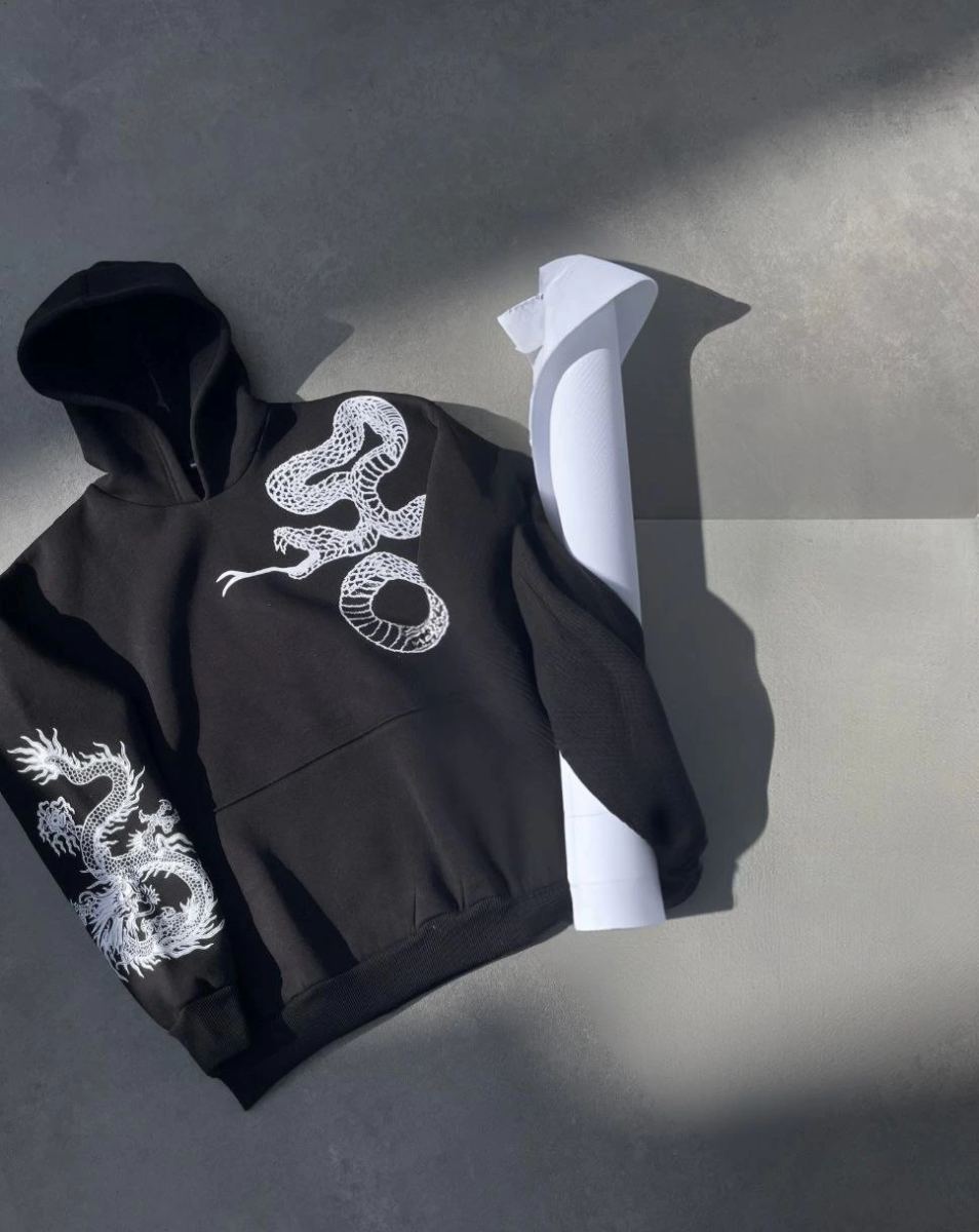 Kadın Oversize Kapüşonlu Cepli Baskılı 3 İplik Pamuklu Hoodie Sweatshirt - Siyah