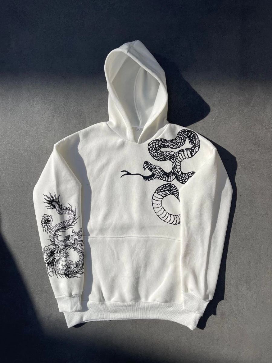 Erkek 3 İplik Pamuklu Kapüşonlu Baskılı Cepli Oversize Sweatshirt Hoodie - Beyaz