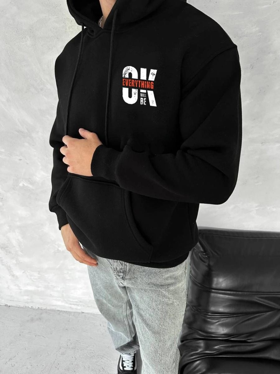 Erkek Kapüşonlu Kanguru Cepli Sweatshirt 3 İplik Pamuklu Baskılı Hoodie - Siyah