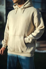 Kadın 3 İplik Pamuklu Kapüşonlu Kanguru Cepli Oversize Hoodie Sweatshirt - Bej