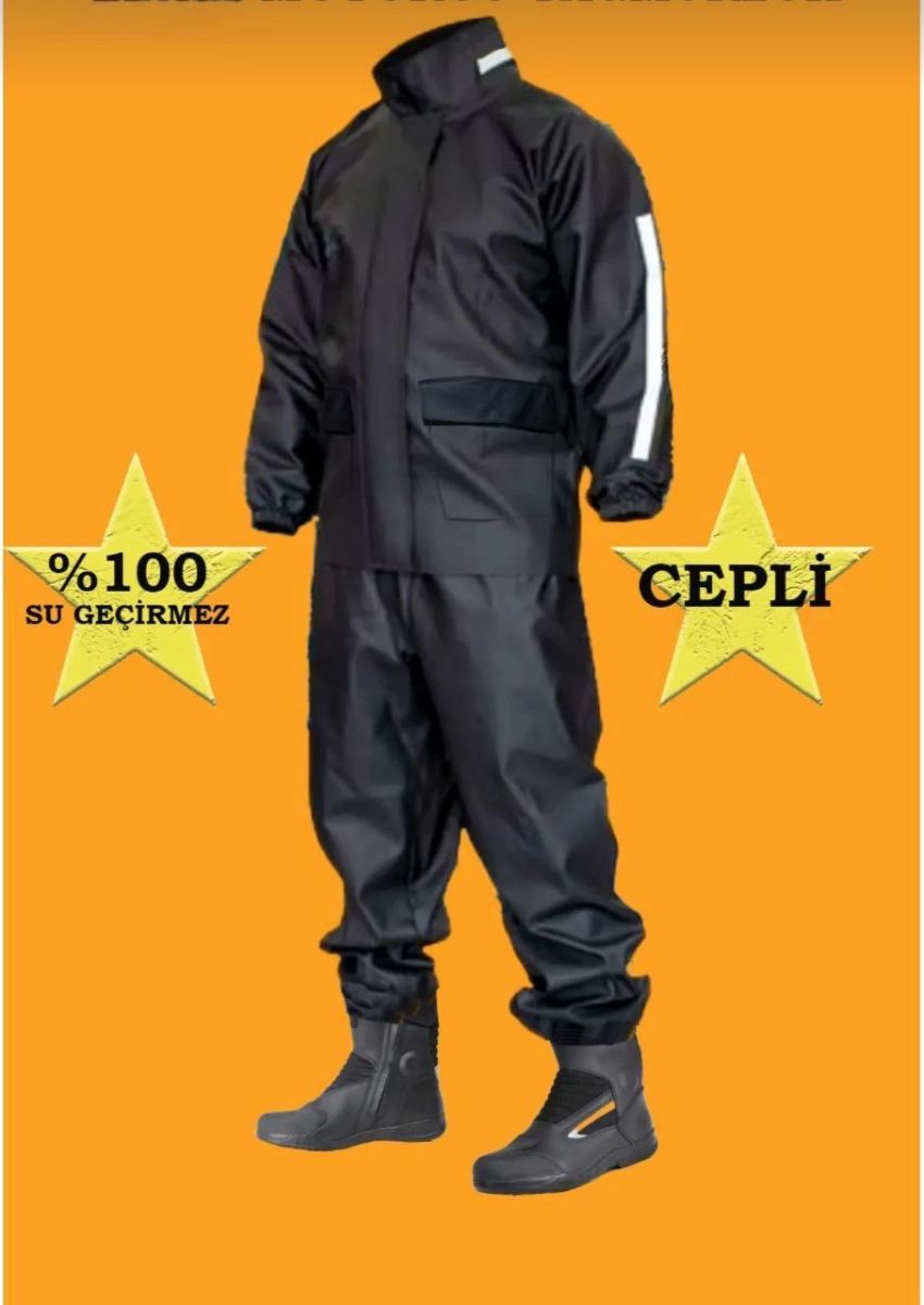 Erkek Motorcu Cepli Kurye Su Gecirmez Yağmurluk Takım - Siyah