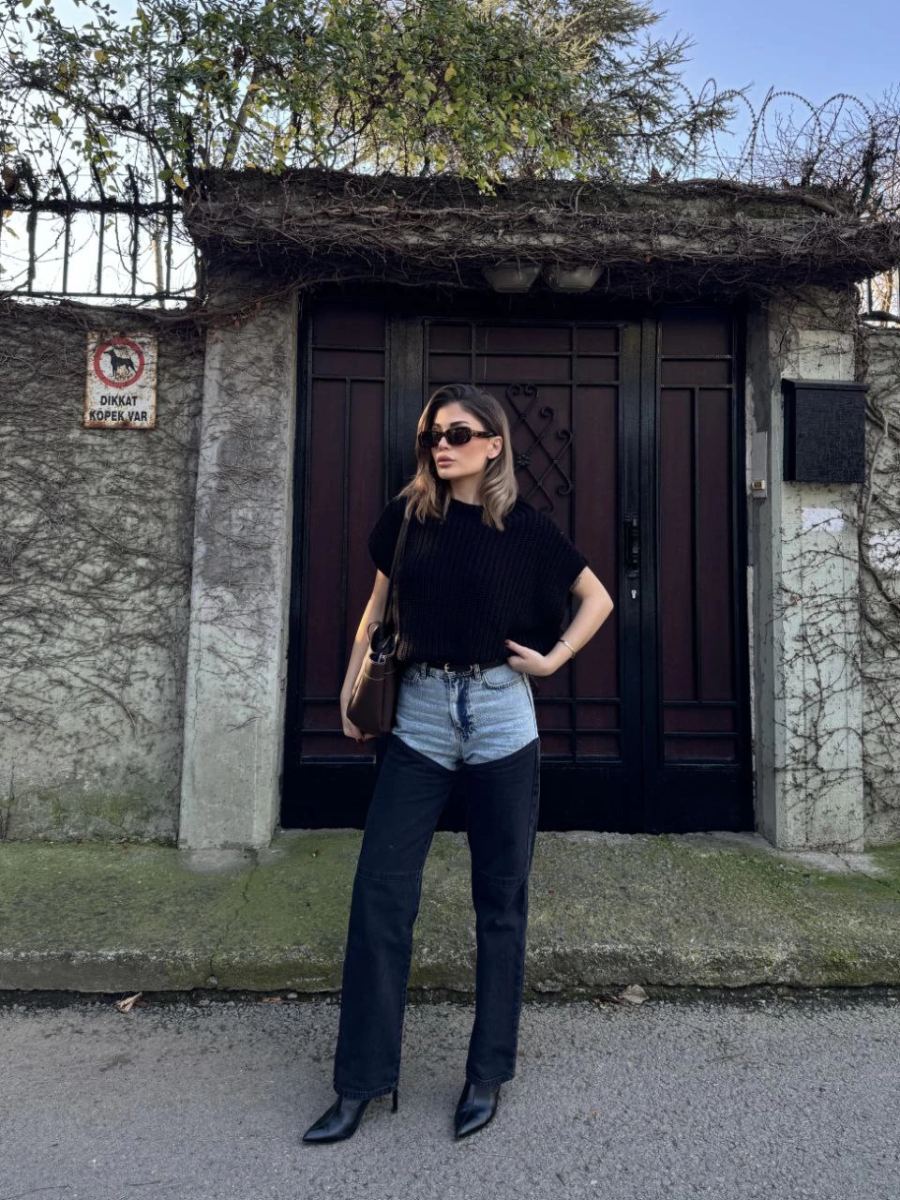 Kadın Jeans Kot Parçalı Palazzo Pantolon - Siyah