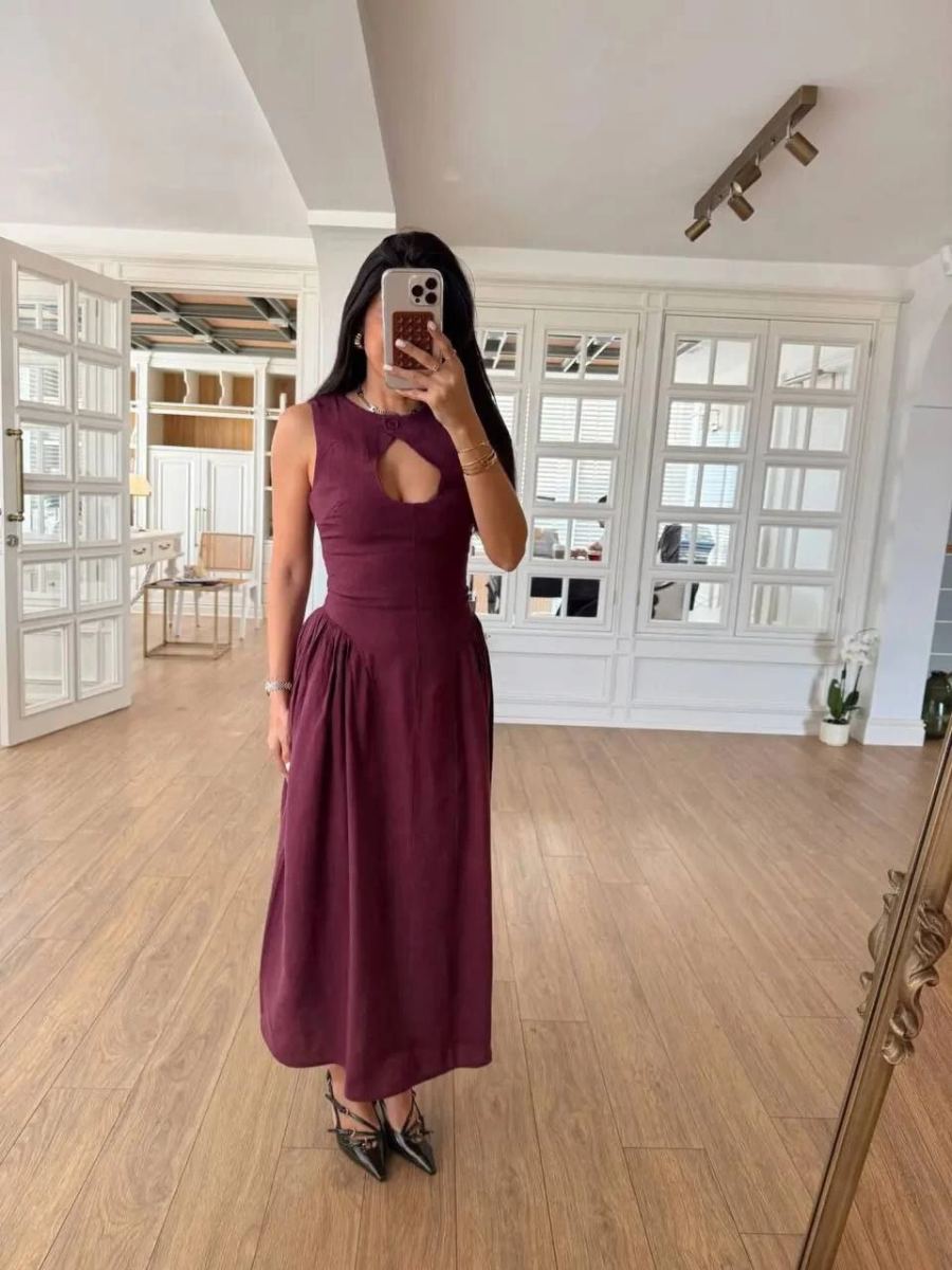 Kolsuz Uzun Kabardin Elbise - Bordo