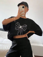 Kadın Fiyonk Baskılı T-Shirt Kısa Kol Bisiklet Yaka Oversize Tişört - Siyah