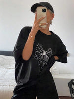 Kadın Fiyonk Baskılı T-Shirt Kısa Kol Bisiklet Yaka Oversize Tişört - Siyah