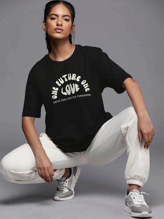 Kadın Baskılı T-Shirt Kısa Kol Bisiklet Yaka Oversize Rahat Kalıp Tişört - Siyah