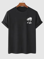 Erkek Tişört Palmiye Baskılı Bisiklet Yaka Kısa Kol Yazlık T-shirt - Siyah