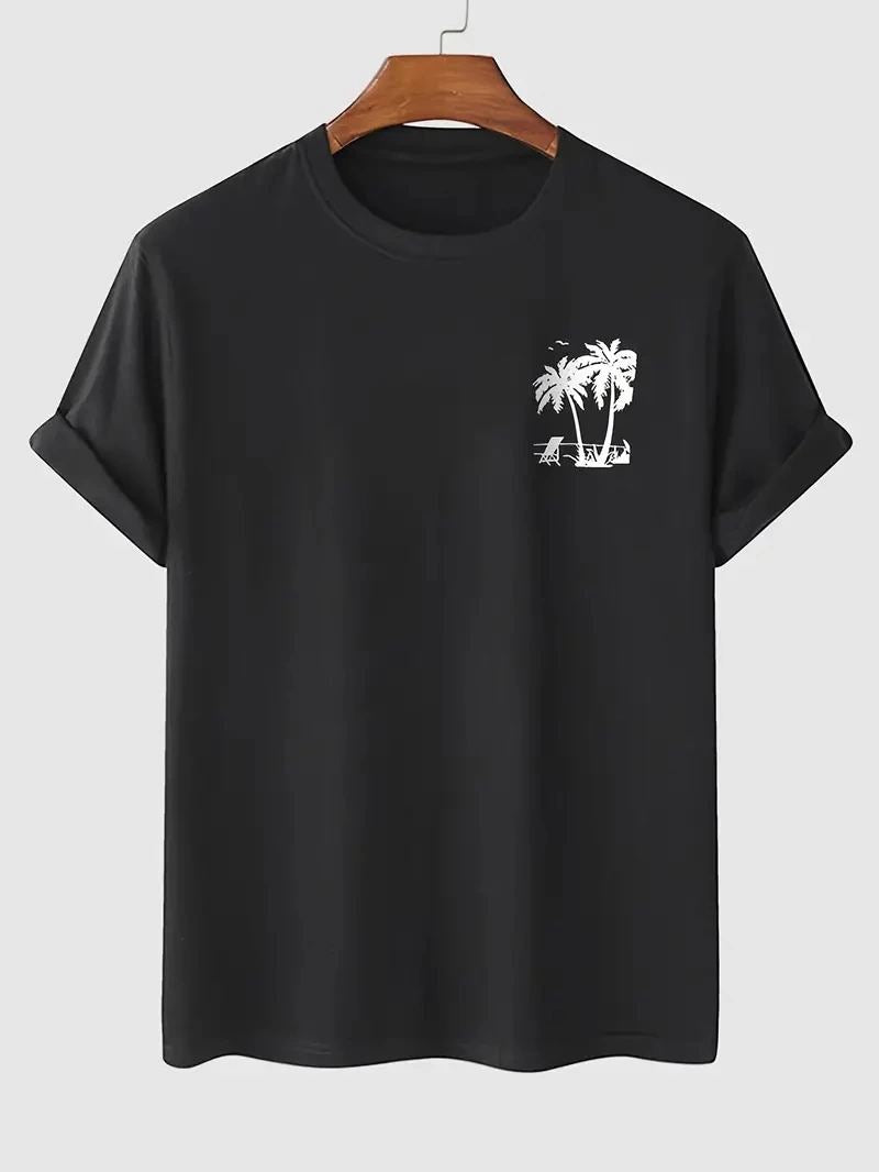 Erkek Tişört Palmiye Baskılı Bisiklet Yaka Kısa Kol Yazlık T-shirt - Siyah