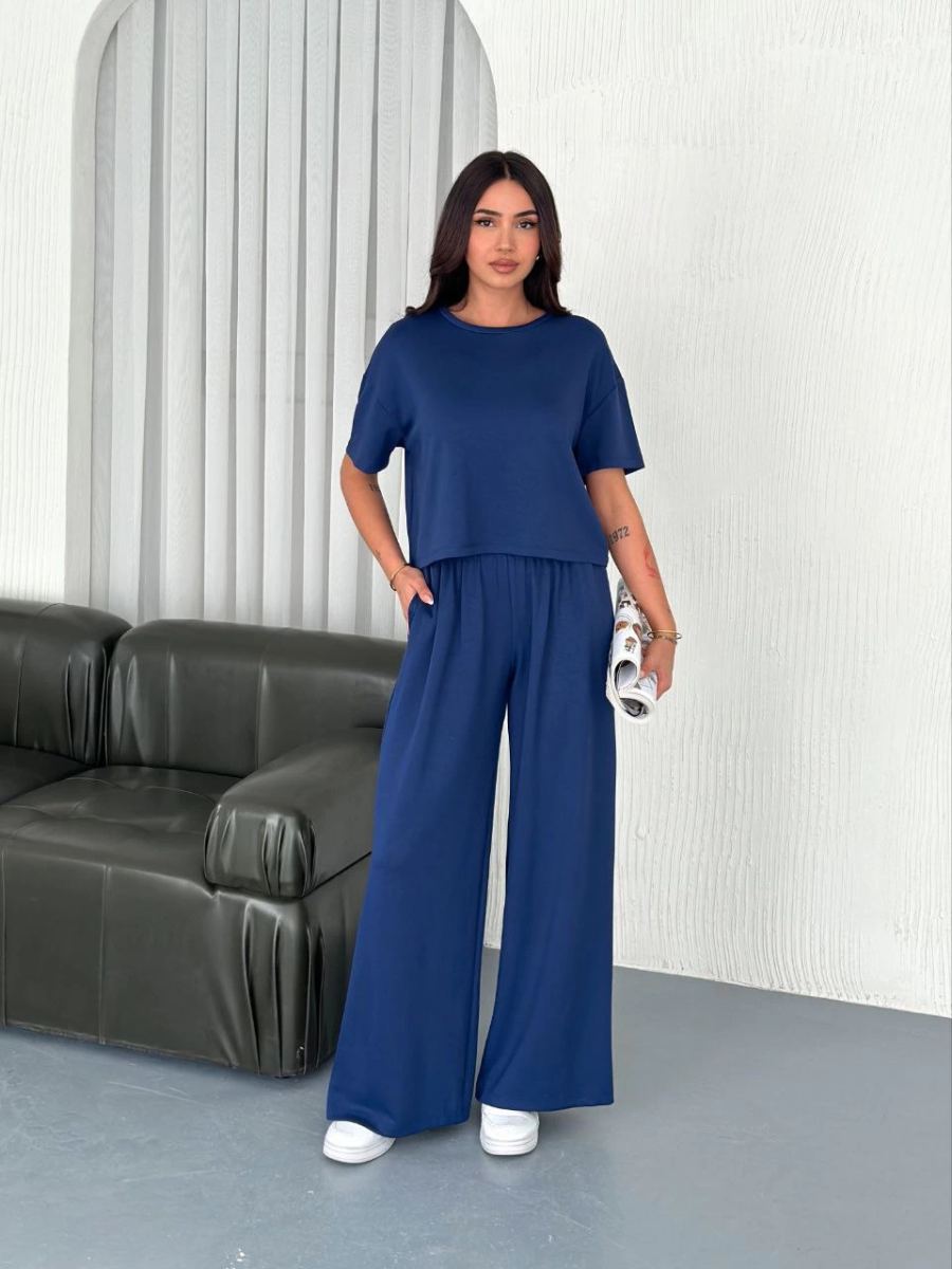 Kadın Osy Modal Yumuşak Dokulu Kumaş Bisiklet Yaka T-shirt Pantolon ikili Takım -Saks Mavisi