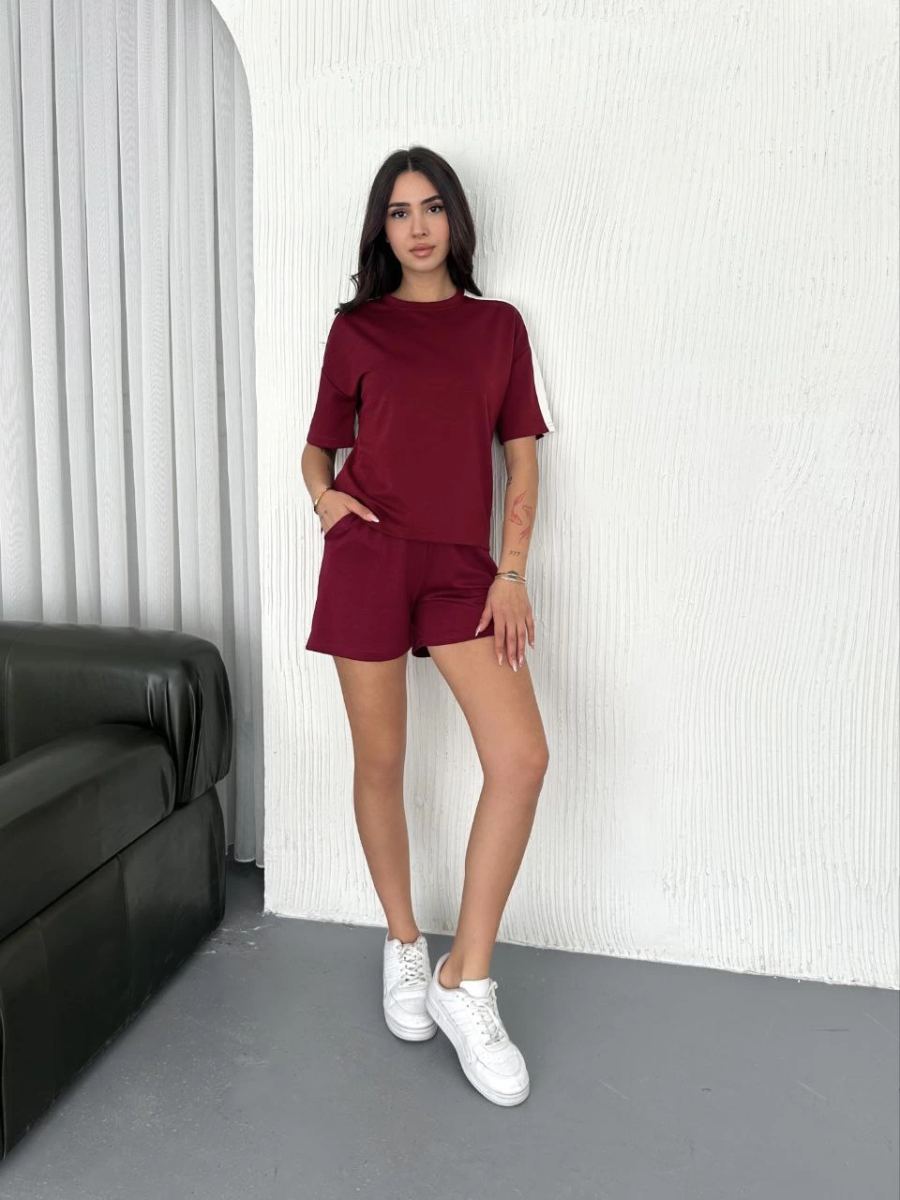 Osy Modal yumuşak dokulu Kumaş Kadın Parçalı Bisiklet Yaka T-shirt Kısa Şort İkili Takım - Bordo