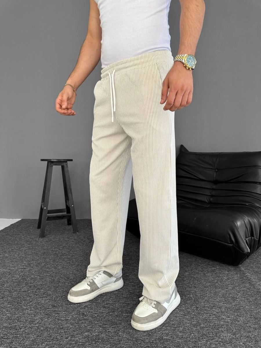 Erkek Su Yolu Çizgili Cepli Pantalon  - Bej