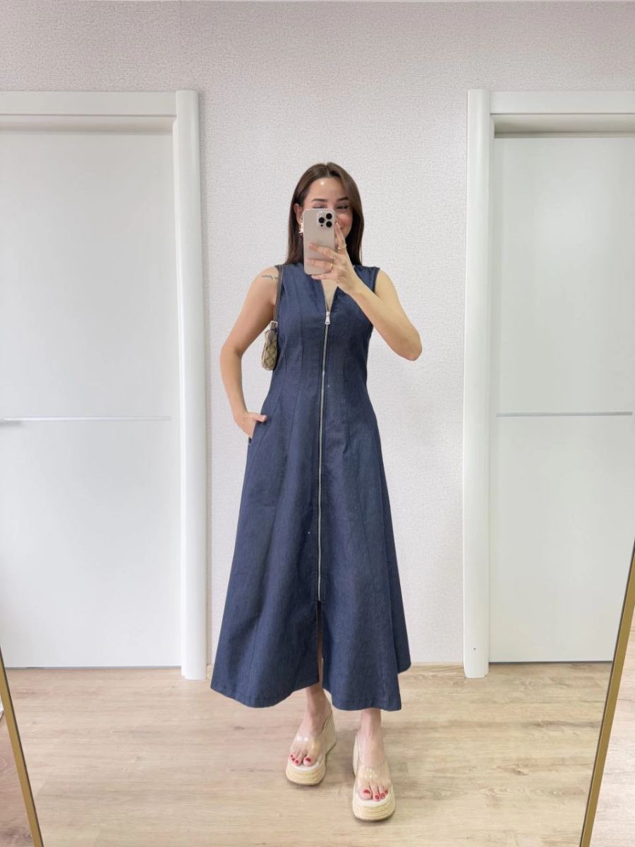 Kadın Jeans Kot Önü Tam Fermuarlı  Uzun Elbise - Mavi