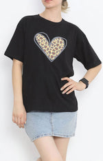 14 Şubat Tişört Sevgililer Günü İçin Özel Tasarım Leopar Kalp Baskılı T-shirt - Siyah