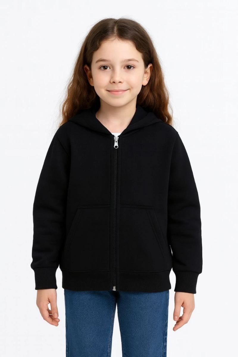 Kız Çocuk Kapüşonlu Kanguru Cepli Tam Fermuarlı Hırka Sweatshirt - Siyah