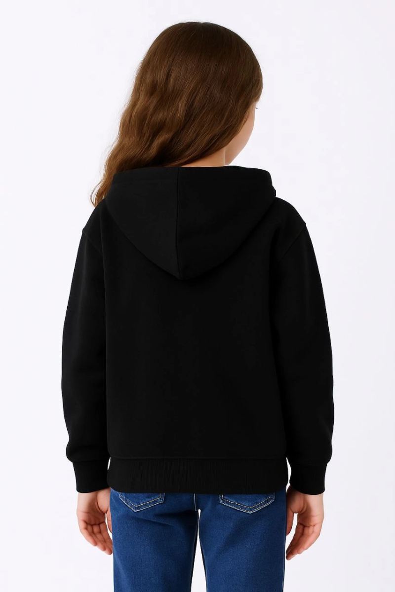 Kız Çocuk Kapüşonlu Kanguru Cepli Tam Fermuarlı Hırka Sweatshirt - Siyah