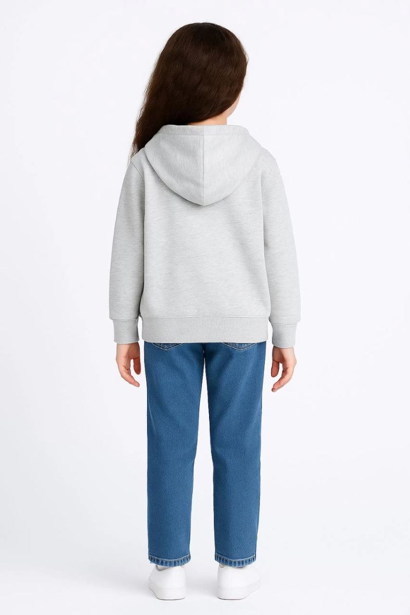 Kız Çocuk Kapüşonlu Kanguru Çepli Tam Fermuarlı Hırka SweatShirt - Gri