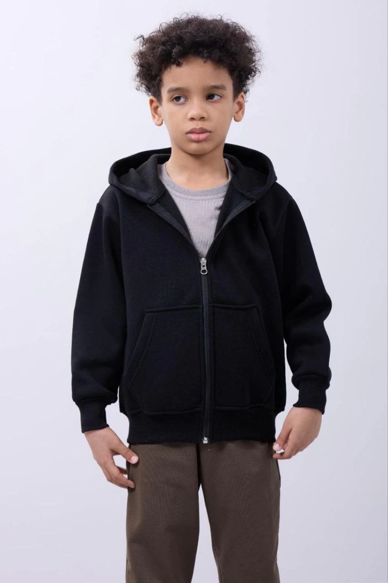 Erkek Çocuk Kapüşonlu Kanguru Çepli Tam Fermuarlı Hırka SweatShirt - Siyah