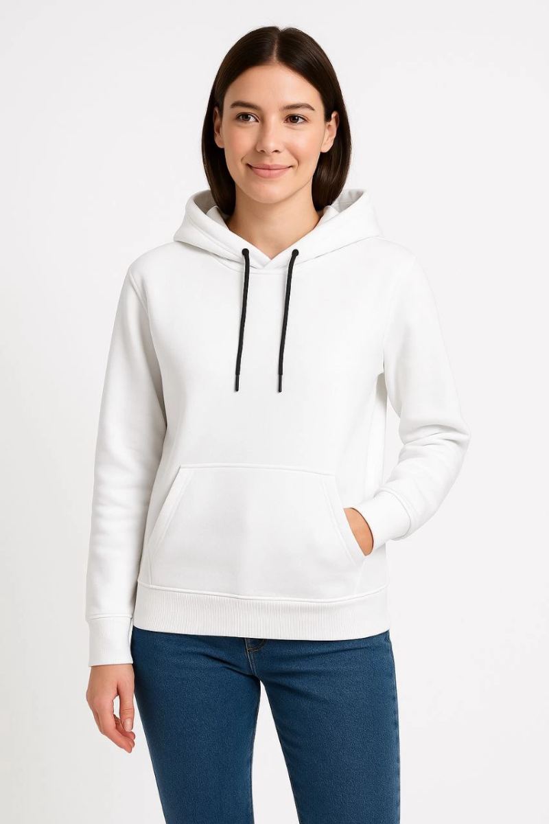 Kadın Kapüşonlu Kanguru Cepli 3 İplik Pamuklu Oversize Hoodie Sweatshirt - Beyaz