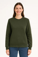 Kadın 3 İplik Pamuklu Düz Bisiklet Yaka SweatShirt - Haki