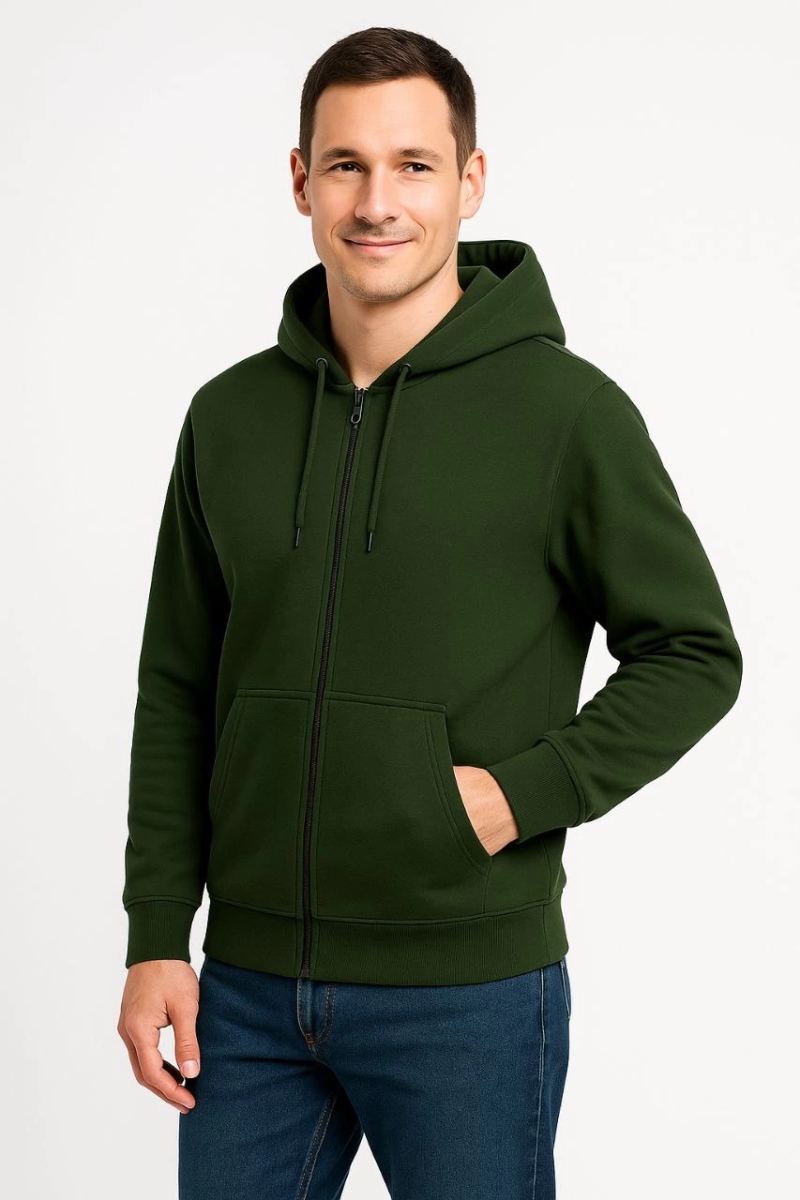 Erkek 3 İplik Pamuklu Kapüşonlu Tam Fermuarlı Cepli Hoodie Sweatshirt - Haki