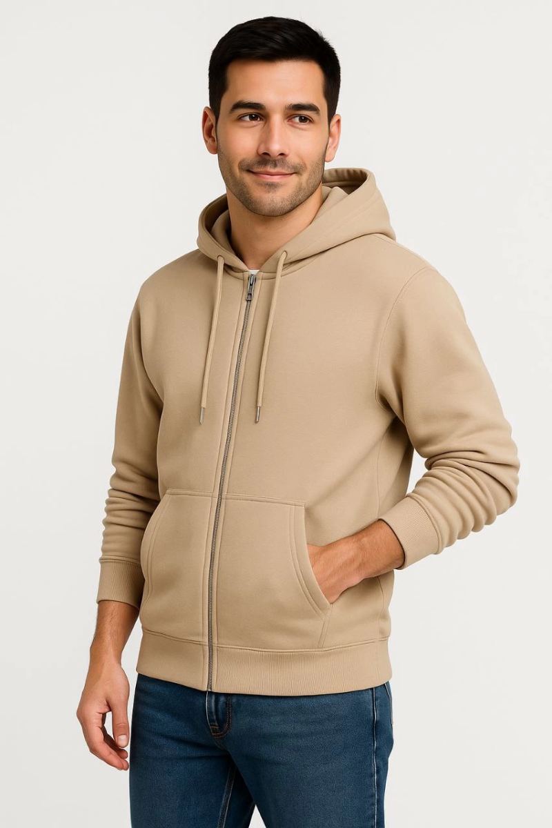 Erkek 3 İplik Pamuklu Kapüşonlu Tam Fermuarlı Cepli Hoodie Sweatshirt - Bej