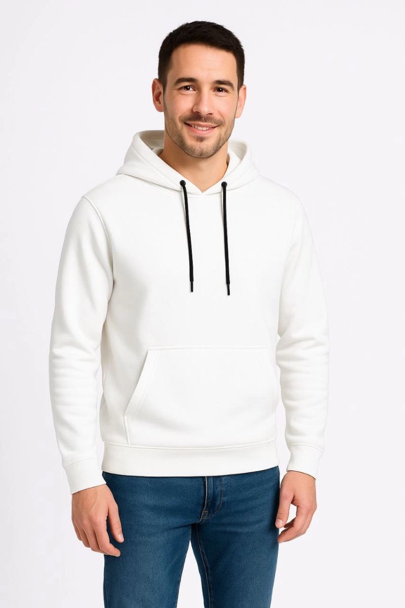 Erkek 3 İplik Pamuklu Kapüşonlu Kanguru Cepli SweatShirt hoodie - Beyaz