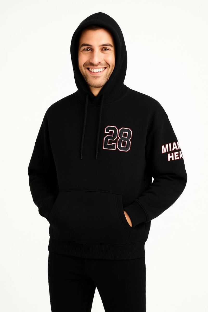 Erkek Kapüşonlu Kanguru Cepli Sweatshirt 3 İplik Pamuklu Baskılı Hoodie - Siyah