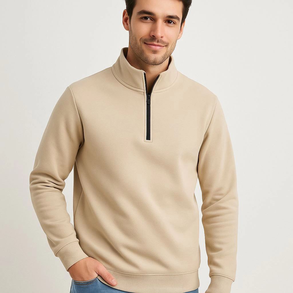 Erkek Dik Yaka Sweatshirt Dik Yaka Yarım Fermuarlı 3 İplik Pamuk Kumaş - Bej