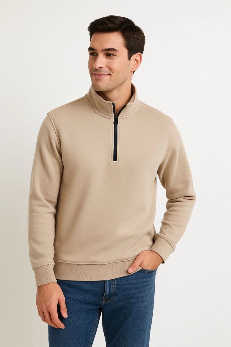 Erkek Dik Yaka Sweatshirt Dik Yaka Yarım Fermuarlı 3 İplik Pamuk Kumaş - Bej