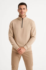 Erkek Dik Yaka Sweatshirt Dik Yaka Yarım Fermuarlı 3 İplik Pamuk Kumaş - Bej