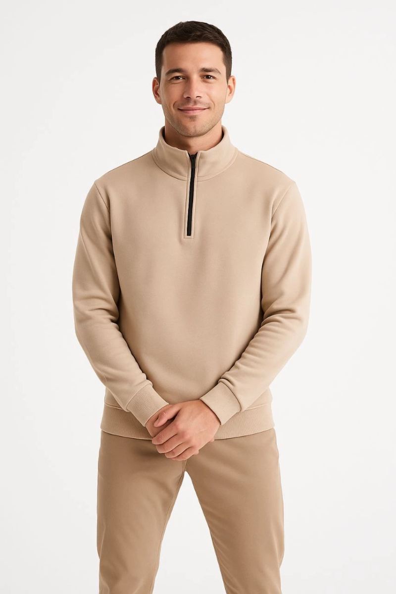 Erkek Dik Yaka Sweatshirt Dik Yaka Yarım Fermuarlı 3 İplik Pamuk Kumaş - Bej
