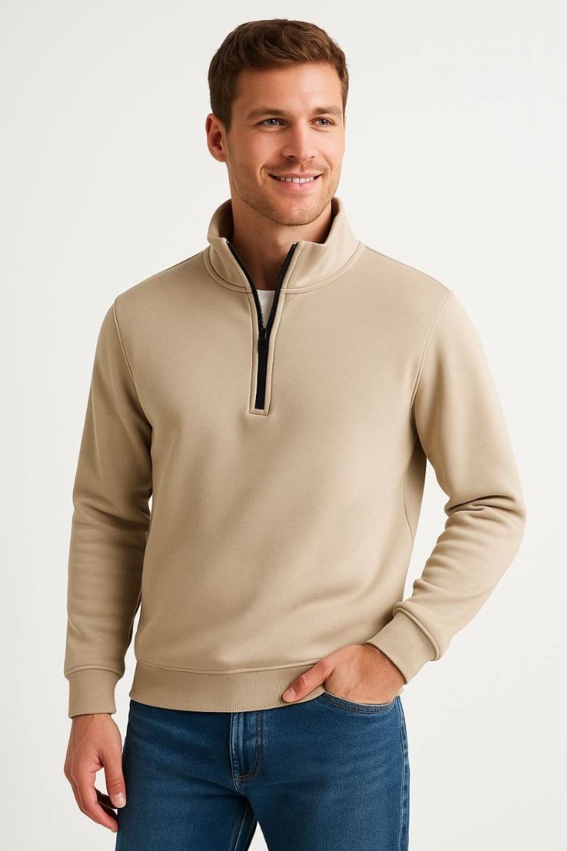 Erkek Dik Yaka Sweatshirt Dik Yaka Yarım Fermuarlı 3 İplik Pamuk Kumaş - Bej