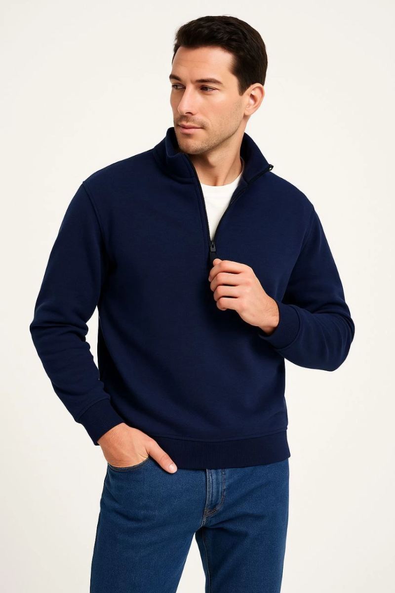 Erkek Dik Yaka Sweatshirt Dik Yaka Yarım Fermuarlı 3 İplik Pamuk Kumaş - Lacivert