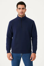 Erkek Dik Yaka Sweatshirt Dik Yaka Yarım Fermuarlı 3 İplik Pamuk Kumaş - Lacivert