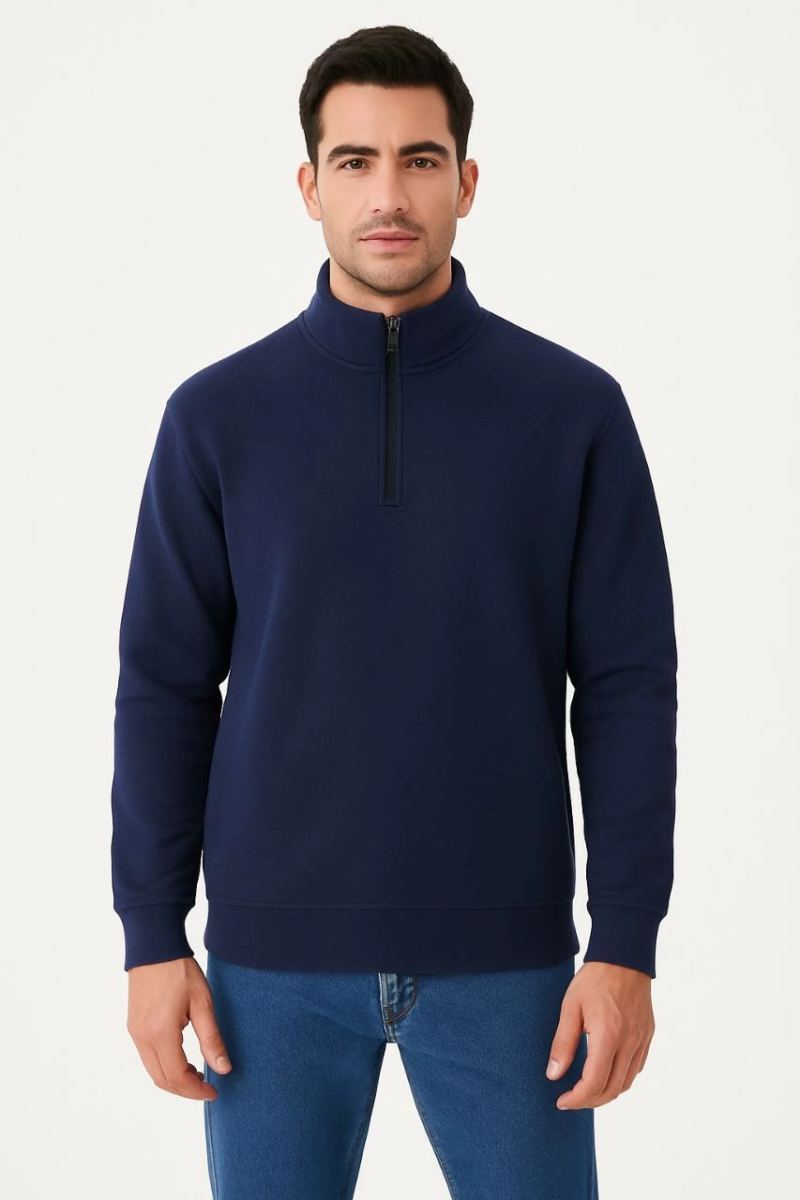 Erkek Dik Yaka Sweatshirt Dik Yaka Yarım Fermuarlı 3 İplik Pamuk Kumaş - Lacivert