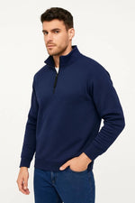 Erkek Dik Yaka Sweatshirt Dik Yaka Yarım Fermuarlı 3 İplik Pamuk Kumaş - Lacivert