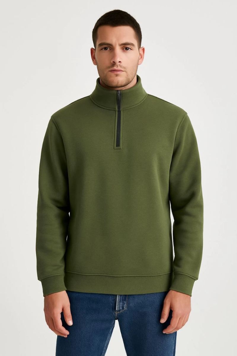 Erkek Dik Yaka Sweatshirt Dik Yaka Yarım Fermuarlı 3 İplik Şardonlu Pamuk Kumaş - Haki