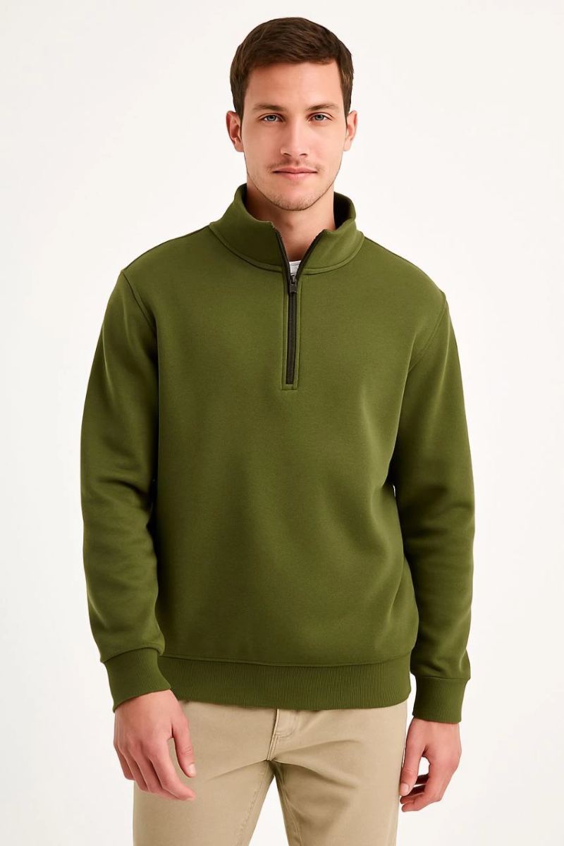 Erkek Dik Yaka Sweatshirt Dik Yaka Yarım Fermuarlı 3 İplik Şardonlu Pamuk Kumaş - Haki
