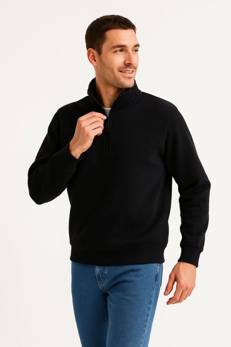 Erkek Dik Yaka Sweatshirt Dik Yaka Yarım Fermuarlı 3 İplik Pamuk Kumaş - Siyah