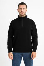 Erkek Dik Yaka Sweatshirt Dik Yaka Yarım Fermuarlı 3 İplik Pamuk Kumaş - Siyah