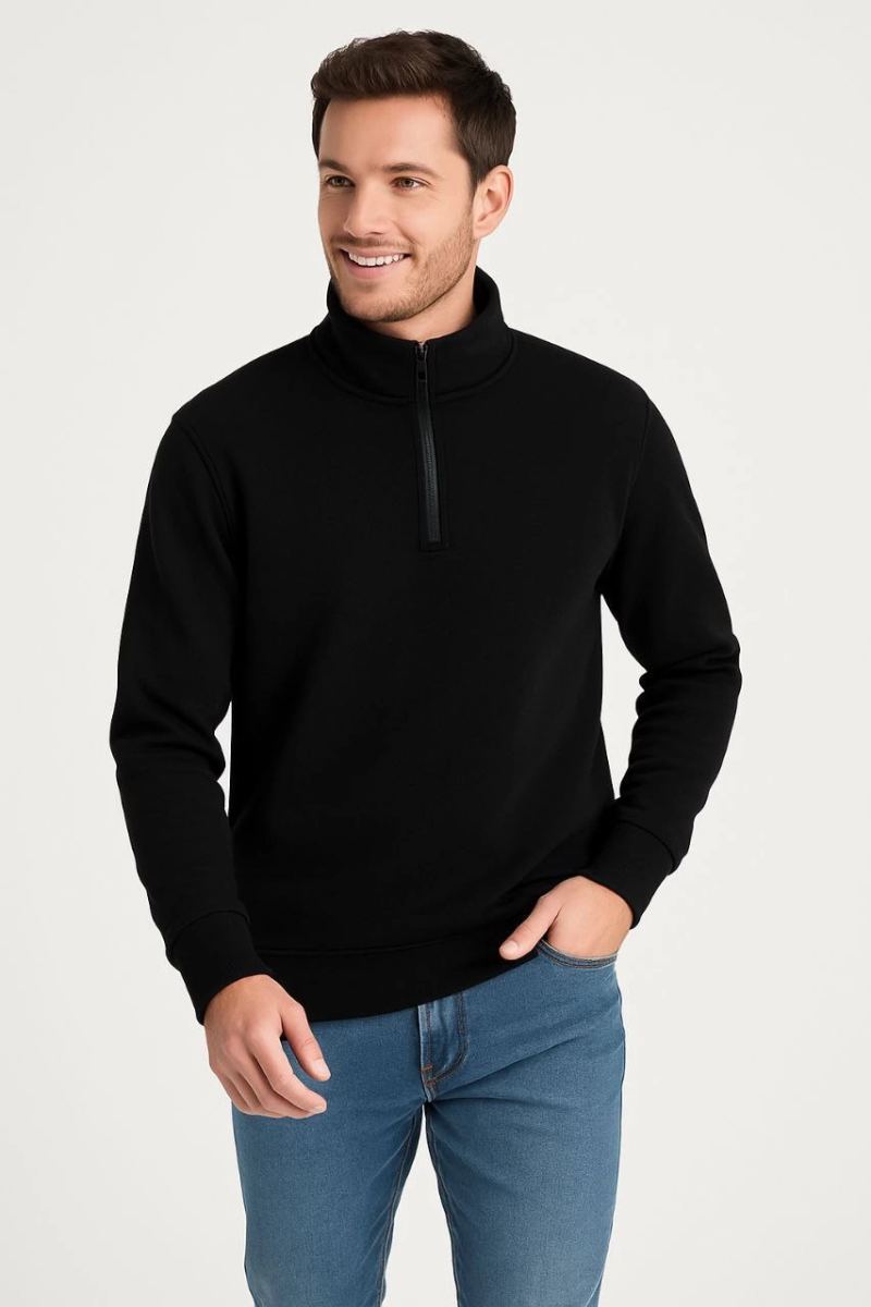 Erkek Dik Yaka Sweatshirt Dik Yaka Yarım Fermuarlı 3 İplik Pamuk Kumaş - Siyah