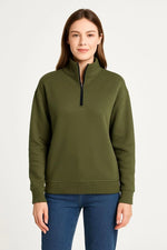Kadın 3 iplik Dık Yaka Yarım Fermuarlı SweatShirt - Haki